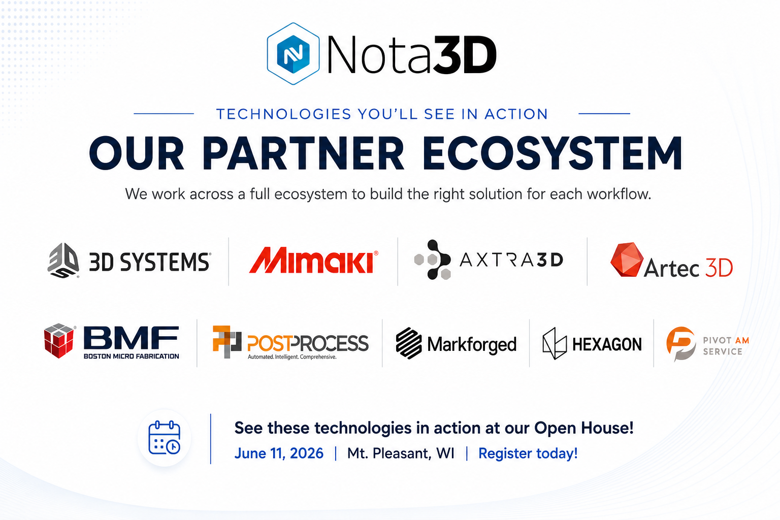 Nota3D Open House partner ecosystem banner highlighting technologies from 3D Systems, Mimaki, Axtra3D, Artec 3D, BMF, PostProcess, Markforged, Hexagon, and Pivot AM